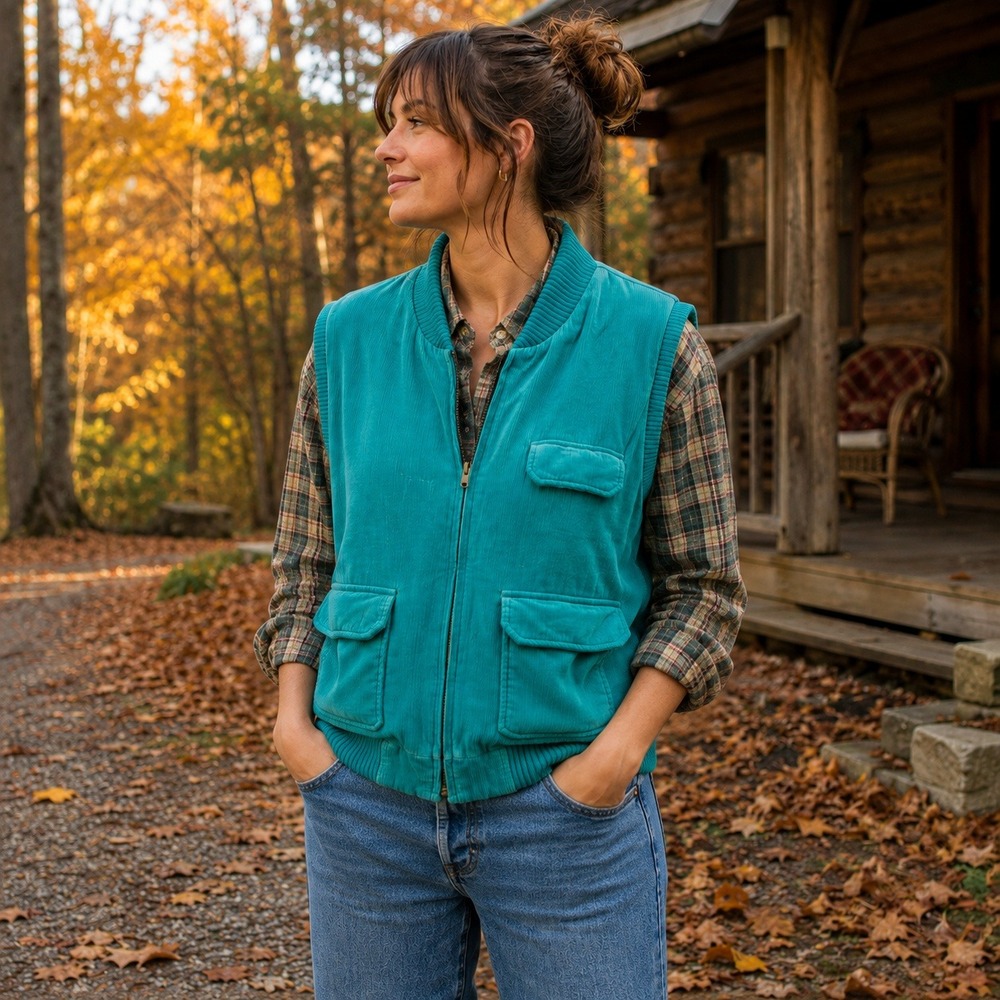 Vintage St Johns Bay Corduroy Puffer Vest Teal Quilted Utility Zip Up Women's L